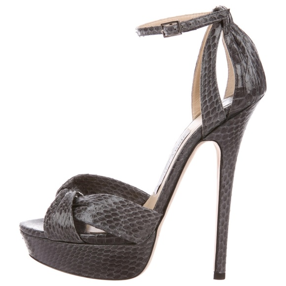 Jimmy Choo Shoes - Jimmy Choo Grey Greta Snakeskin Ankle Strap Heels